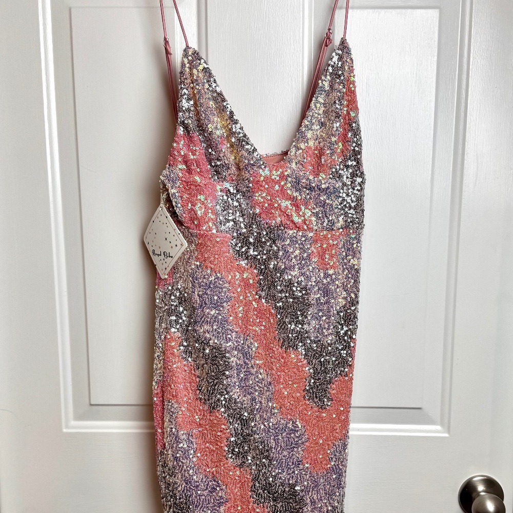 NWT Angel Biba Silver Peach Sequin V Neck Dress, Size Large